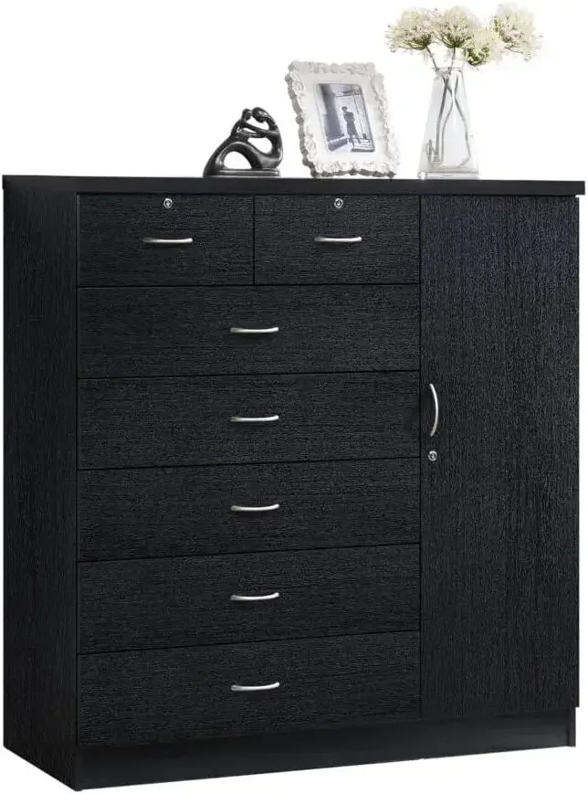 Hodedah 7 Drawer Jumbo Chest, Five Large, Two Smaller with Two Lock, Hanging Rod, and Three Shelves | Black