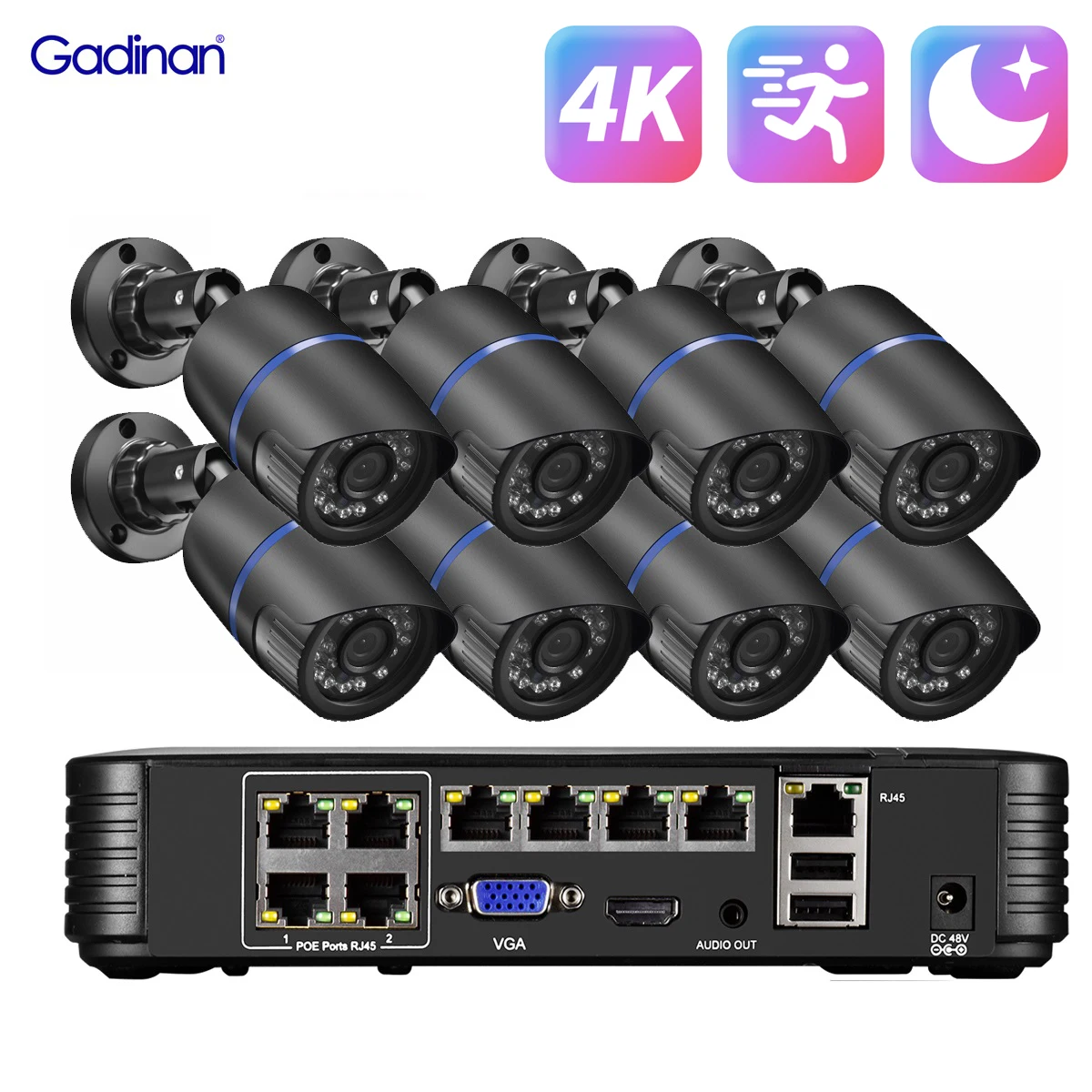 

Система видеонаблюдения Gadinan 8pcs 8MP AI, комплект POE 8CH NVR IP-камер, домашнее видеонаблюдение 5MP аудио уличное ночное видение