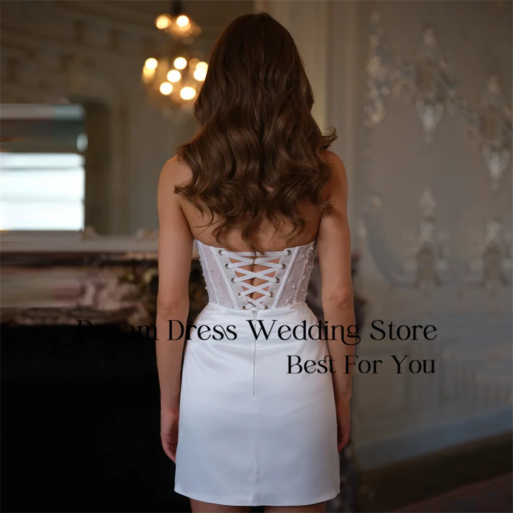 DREAM Beading Lace Short Sheath Wedding Dress Pleat V-Neck Open Back Lace-up Sleeveless Bridal Gown Vestido De Noiva Customized