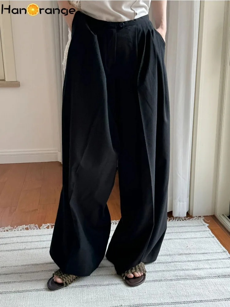 

HanOrange 2024 Summer Dance Sense Casual Wide Leg Pants Women Loose Straight Smooth Comfortable Trousers Black