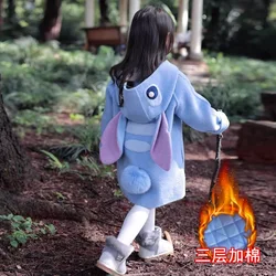 Disney Stitch kawaii overcoat for girls Autumn Winter Rabbit ears Hooded Thickened outer garment kids fashion Jacket gift