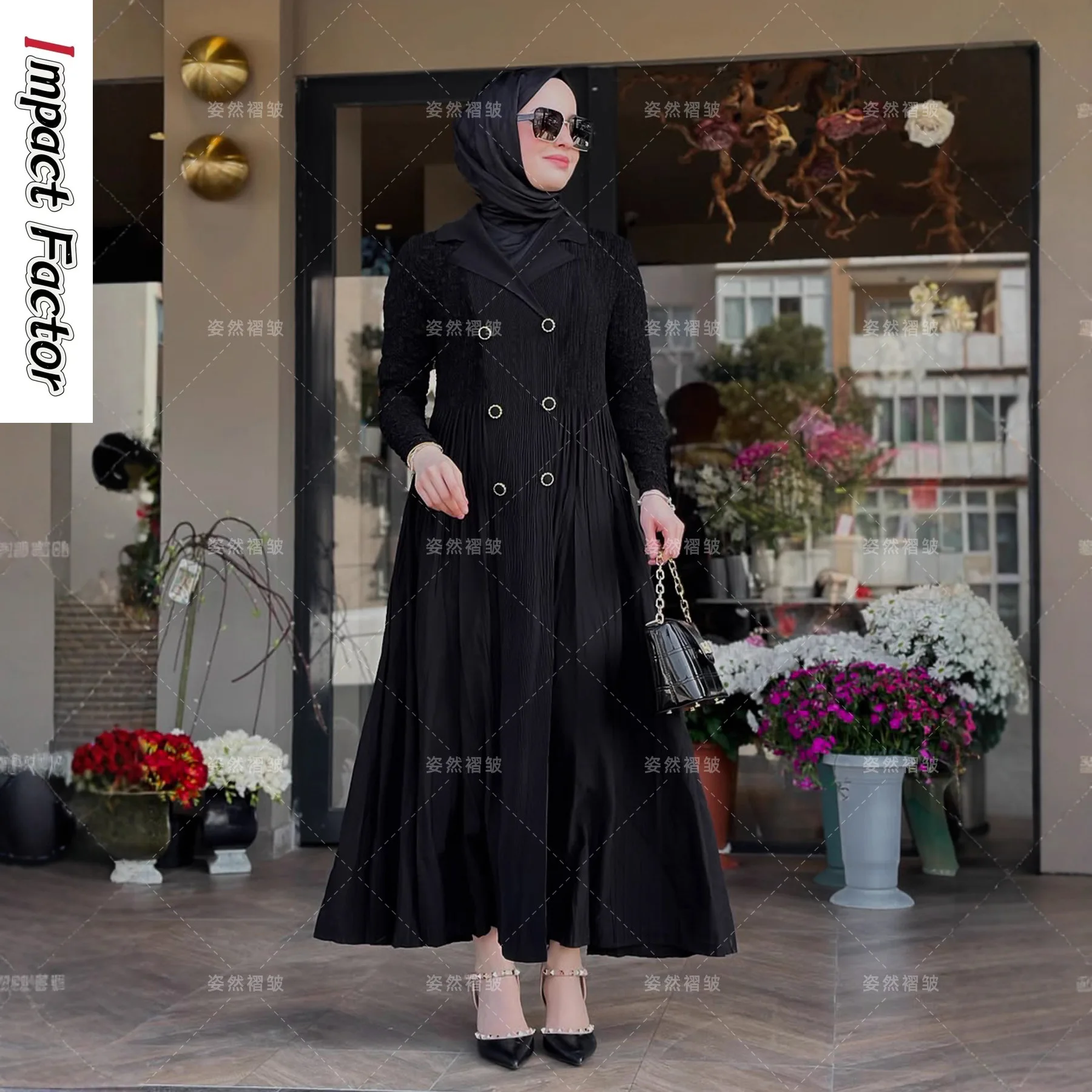 

2025 Autumn Women's Fashion Dress Robe New Black Elegant Temperament Miyake Crumpled Long Skirt
