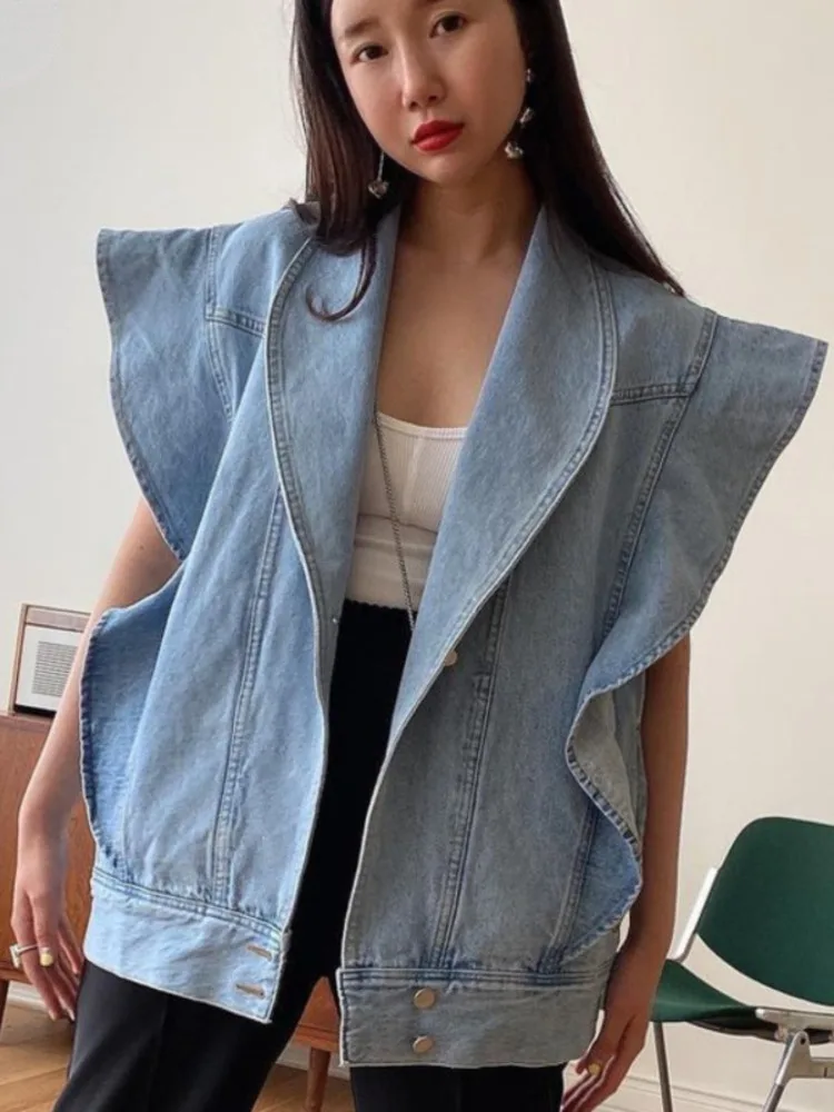 

Korea Chic Summer Casual Lapel Ruffled Loose Blue Sleeveless Vest Jacket Women Summer Blue Trendy Ladies Clothing 2023