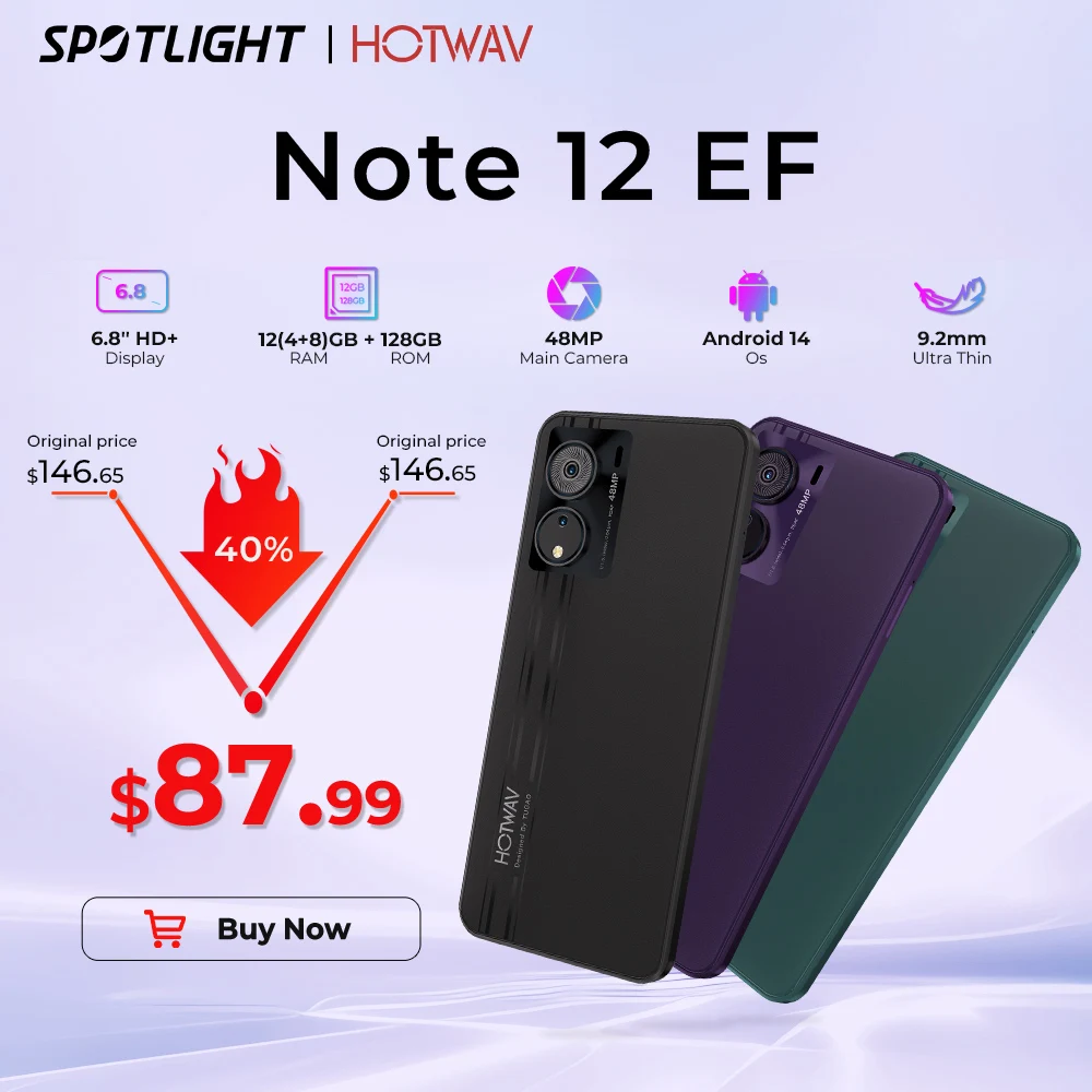 

HOTWAV Note 12 EF Smartphone 6.8'' Large Display Android 14 OS 12(4+8)GB 128GB Mobile Phone 48MP 5160mAh Ultra-Thin Cellphone