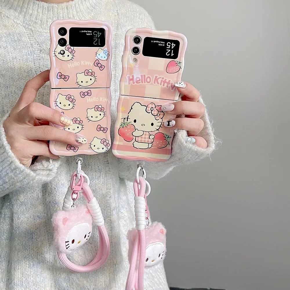 Cartoon Hellos Kitties with Lanyard Blu-ray Phone Case for Samsung Galaxy Z Flip 3 4 5 5G PC Hard Anti-drop Back Cover Funda