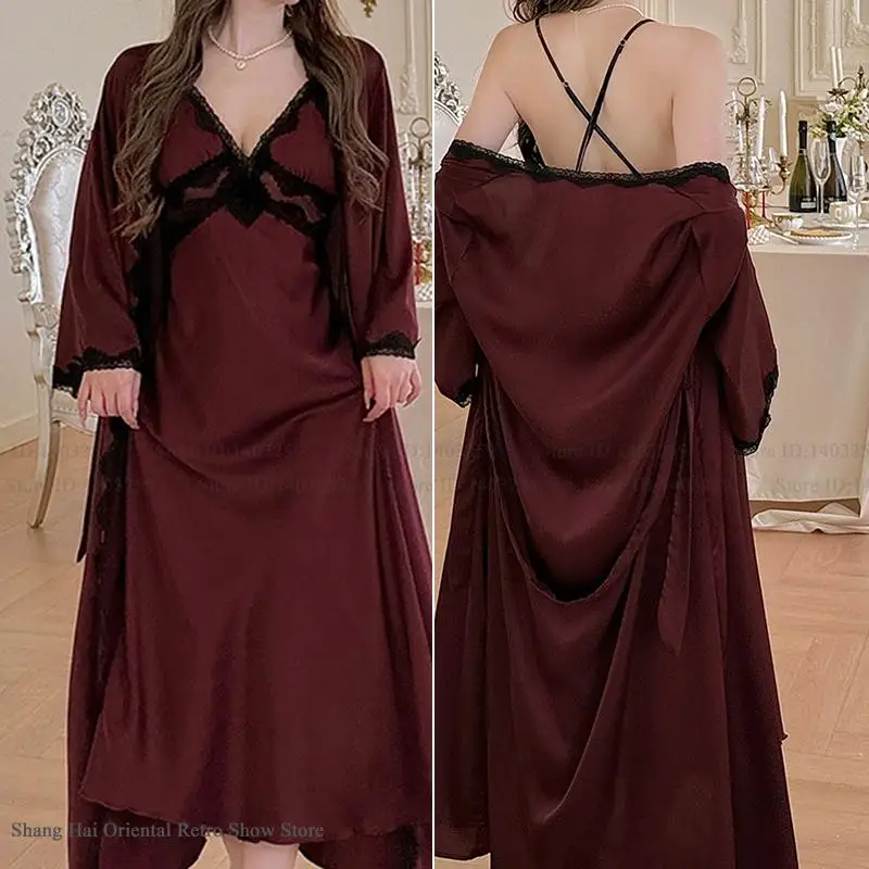 

Elegant Female 2PCS Robe Nightgown Set Sexy Lace Suspender Nightdress Lingerie Summer New Sleepwear Matching Sets Rayon Homewear