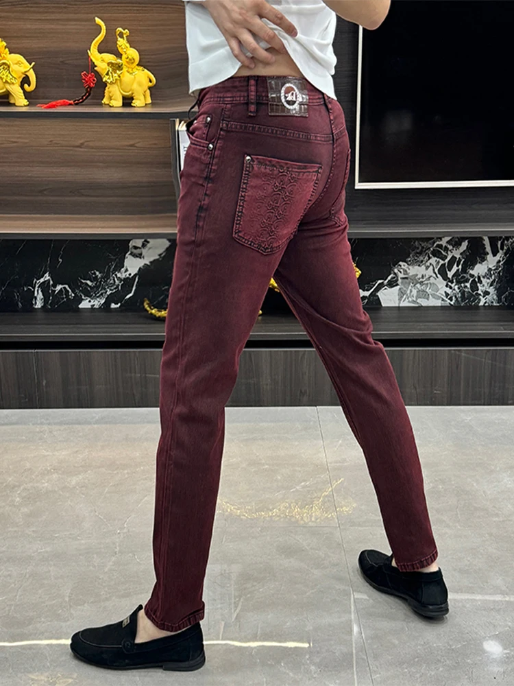 Summer Fashionable Luxury Men's Straight Leg Jeans Red Versatile High Waist Slim Fit Casual Pants Trendy And Elegant Long Tro...