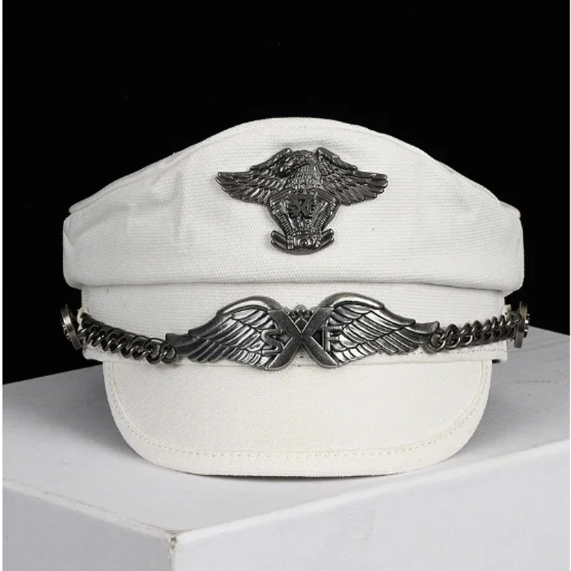 Retro Navy Peaked Sailor Cap Men Women Spring Beret Hat Male Canvas Grey Eagle Belt Locomotive German Captain Casquette