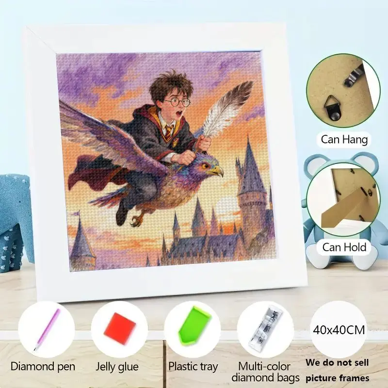 Kit de pintura de diamante 5D de Harry Potter, taladro completo, arte de diamante artesanal, Harry Potter montando Buckbeak sobre Castillo de Hogwarts Magic Wor, 1 ud.
