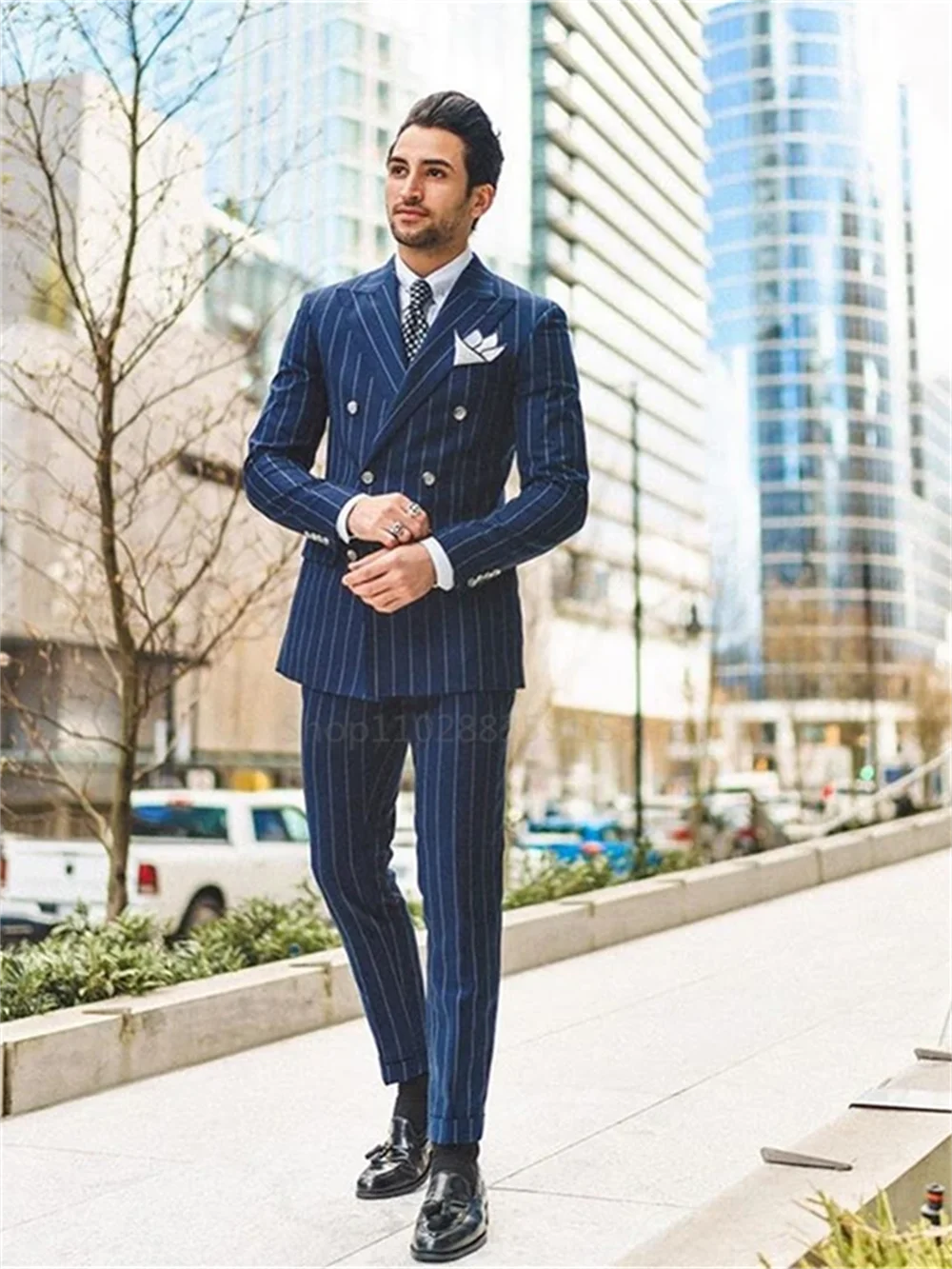 2 Piece Classic Navy Blue Striped Men\'s Suits Slim Fit Business Blazer Double Breasted Wedding Groom Tuxedos Set Terno Masculino