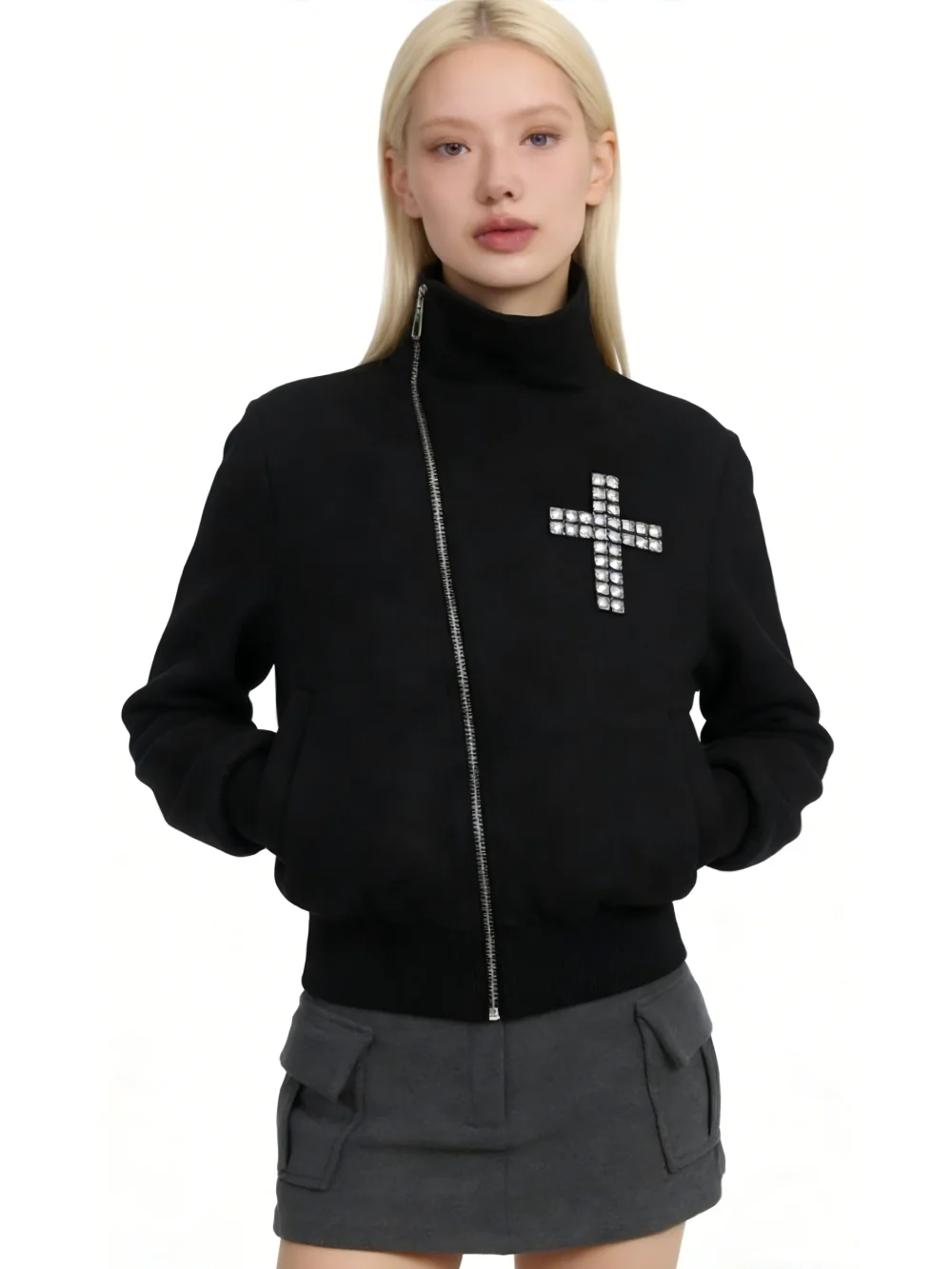2026 new Y2K spicy girl style cross hot diamond lapel slanted zipper slim fit jacket fashionable trend personality punk goth ins