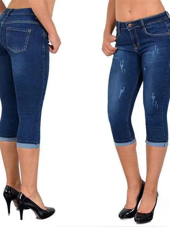 Eenvoudige stretch strakke denim capribroek Casual fit jeans Zeven voet lengte elastische bandage Sle voor dames in zomerseizoen