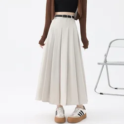 Vintage Beige High Waist Pleated Skirts Women Korean Fashion College Style Long Skirts Office Ladies Autumn Casual A-line Skirts