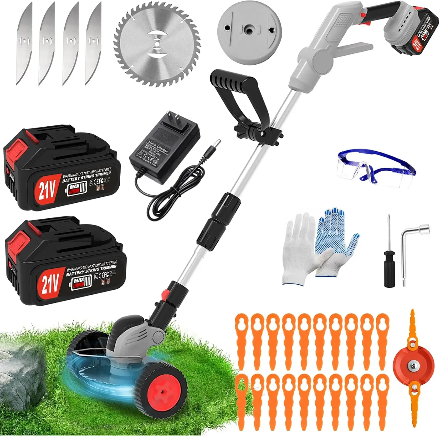 

Electric Weed Wacker Cordless Eater, Battery Powered No String Grass Trimmer with 2 21V/4Ah Battery Operated&3 Types Blade&Wheel