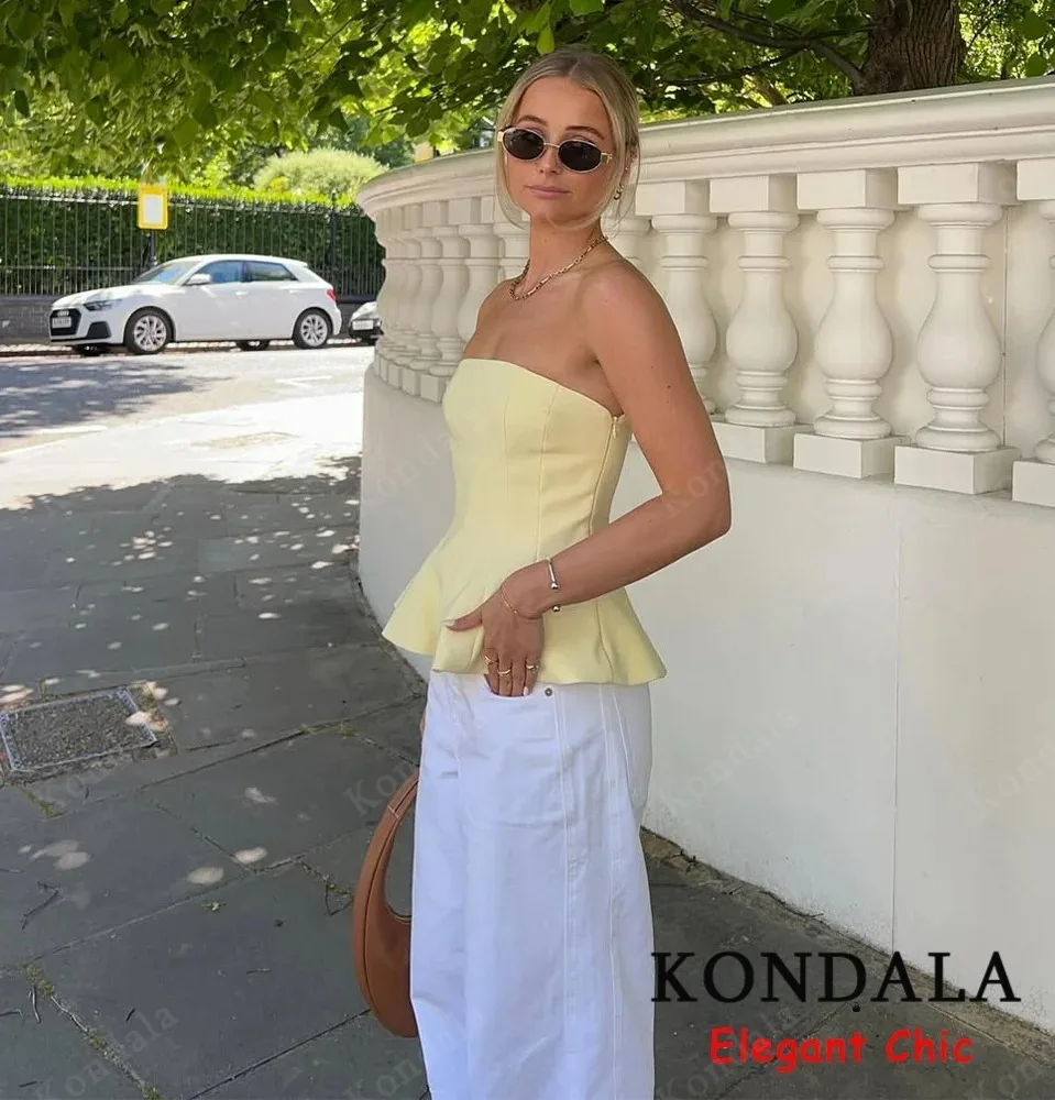 KONDALA Elegantes trägerloses Top für Damen, Rocksaum, schulterfreies Top, rückenfrei, 2025, Sommermode, High Street, Feiertage, süßes Top