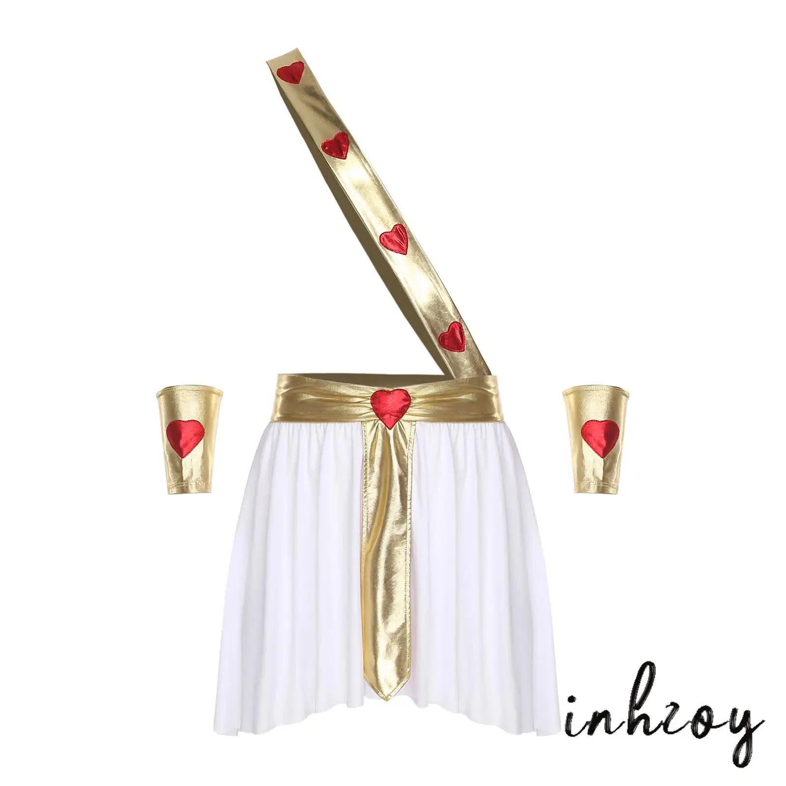 

Regal Eros Attire Mens God Prince Contrast Heart Robe Gold Sash Asymmetrical Hem Elastic Comfort Skirt Halloween Cosplay Costume