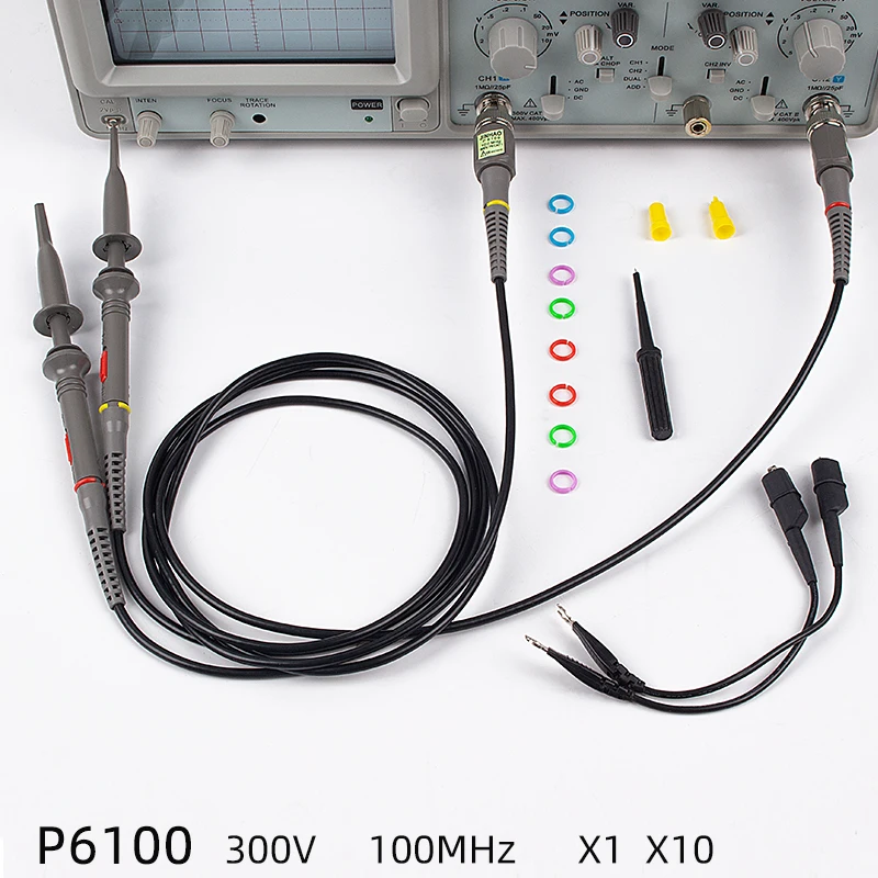 2Pcs Oscilloscope Probe DC-100MHz Scope Clip Probe 100MHz P6100 300V Attenuator X1 X10 Wire Cable BNC Connector Diy Newest