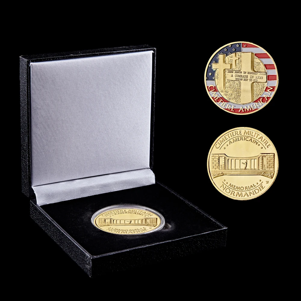 

WWII Normandy War Cimetiere American Gold Challenge Army Medal Commemorative Coins W/ Luxury Box Collection