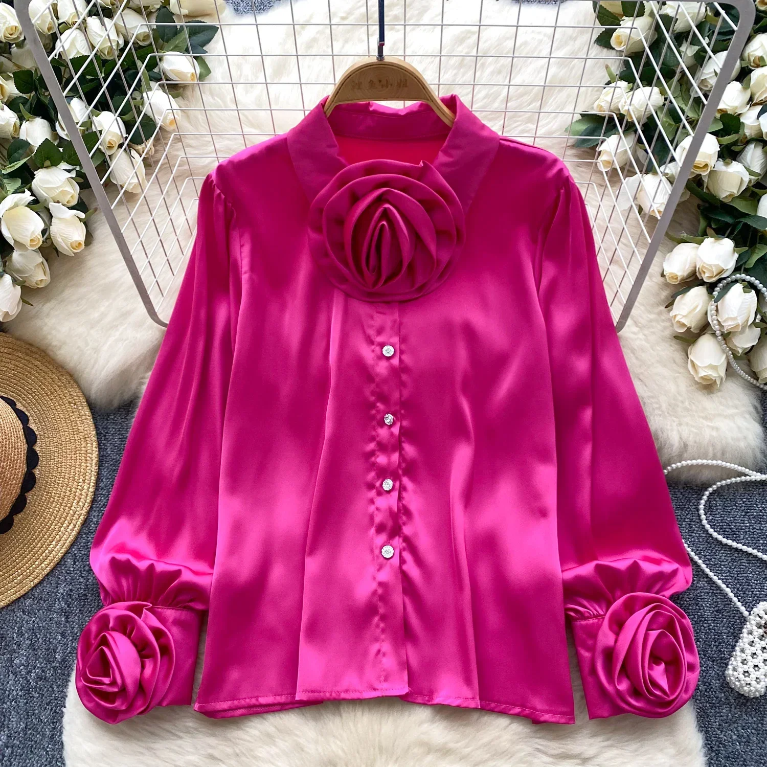 Elegant Satin Three-dimensional Flower Long Sleeve Lapel Blouse Chic Vintage Fashion Crop Top Women Autumn Shirts Clothing