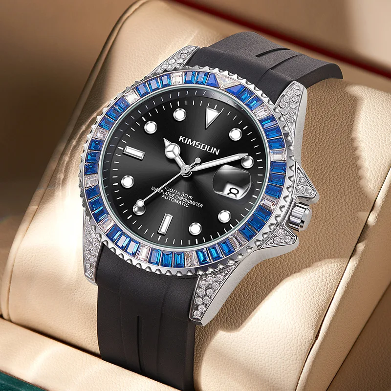 Stainless alloy Diamond Black Submariner Series Luminous Waterproof Silicone Strap Self-Wind Automatic Exquisite watch for Men