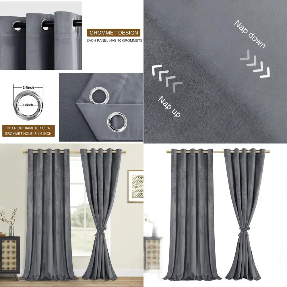 

96 Grey Velvet Extra Wide Curtains with Grommet, Thick, Tieable, Blackout, Privacy, W60xL96, 2 Panels