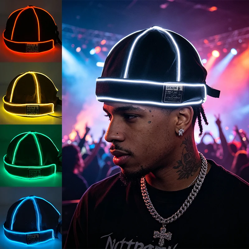 Boné Americano Luminoso Estilo Rap com LED Ajustável, Touca Sem Aba para Shows, Bares, Festas Rave, Boné Casual Esportivo Hip Hop, Boné Trucker