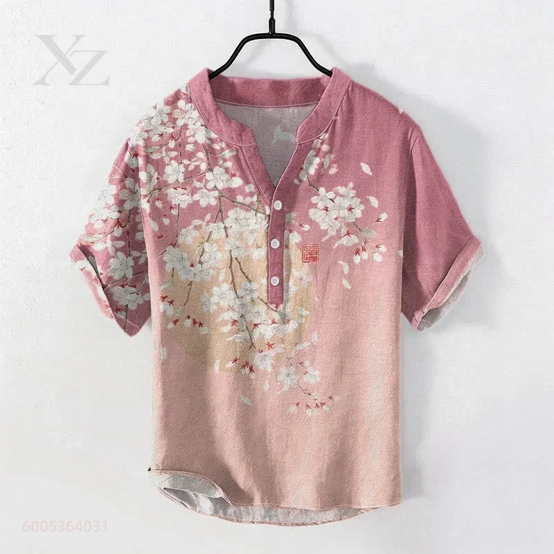 Men's Short-Sleeved POLO Shirt with Crane, Red Sun & Wave Print, Versatile Casual Top for Commuting & Outings
