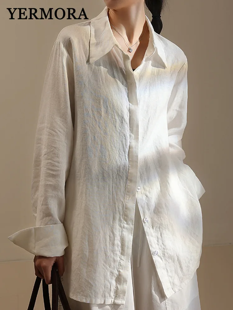 

YERMORA White Linen Slit Brief Casual Blouse For Women Lapel Long Sleeve Loose New Shirt Fashion Tdie Spring Autumn 2025