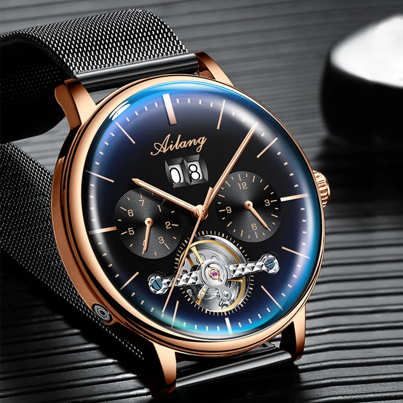 AILANG Fashion Tourbillon Mechanical Watch for Men Luxury Leather Strap Waterproof Automatic Calendar Business Mens Watches