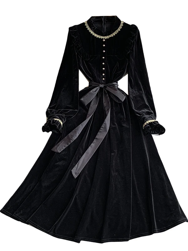 Hebe Sle velours dentelle garniture col montant longue Dr femmes automne ceinturé minceur jupe complète Dr bouton fermeture régulière Sl...