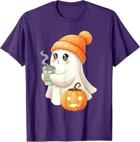 Cute Ghost Drinking Coffee Halloween Ghost Ice Coffee Woman T-Shirt Y2k Art Funny Spooky Season Apparel Aesthetic Clothes Tees