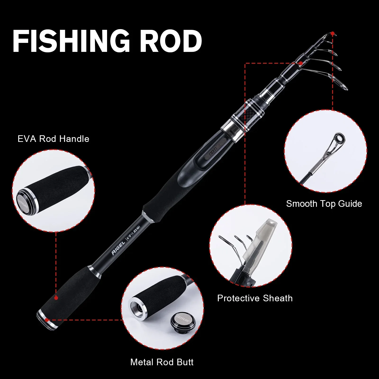 Goture-Varas Telescópicas para Pesca, Portátil, Ultra-Curto, Fiação, Fundição, Vara de Pesca para Mar e Água Salgada, 1,83 m, 2,1 m, 2,4 m, 2,7 m