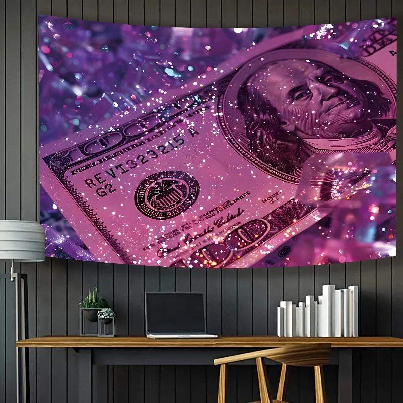 VIKAMA Pink & Lila Dollar Glitzer-Wandteppich Trendiges Lebendiges Dollar-Element Wandbehang für Coole Schlafzimmer- und Gaming-Raumdekoration