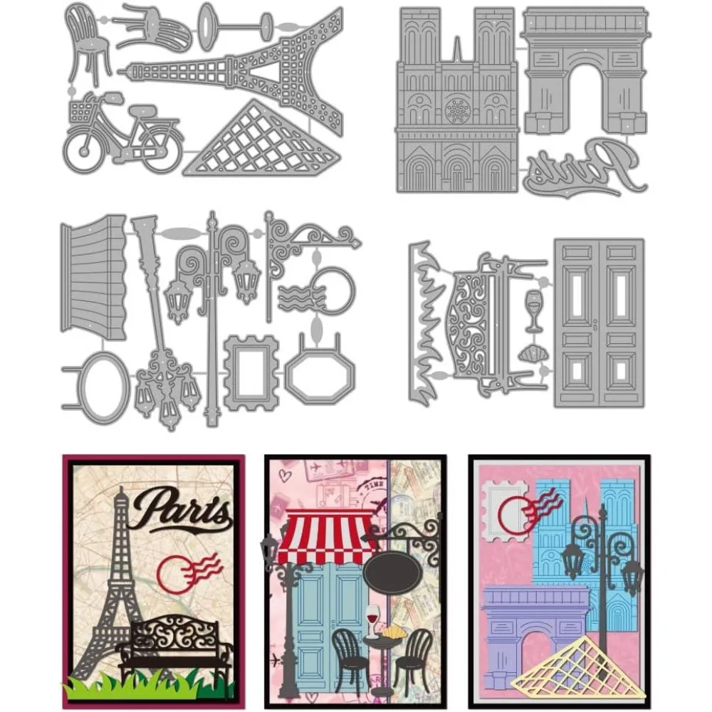 France Architecture Tower Metal Cutting Dies Parisian Street Lamps Stencils Bistro Tables Chairs Embossing Template Dies