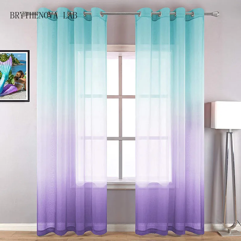 2Pcs Simple Gradient Sheer Curtains Sun Shading Living Room Gauze Bedroom Curtain Soft and Breathable Grommet Home Decoration