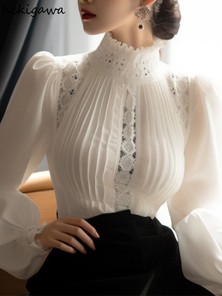 2024 Blusas Mujer De Moda White Blouse Odzież damska Temperament Tops Stand Neck Puff Sleeve Shirts Hollow Out Vintage Blouses