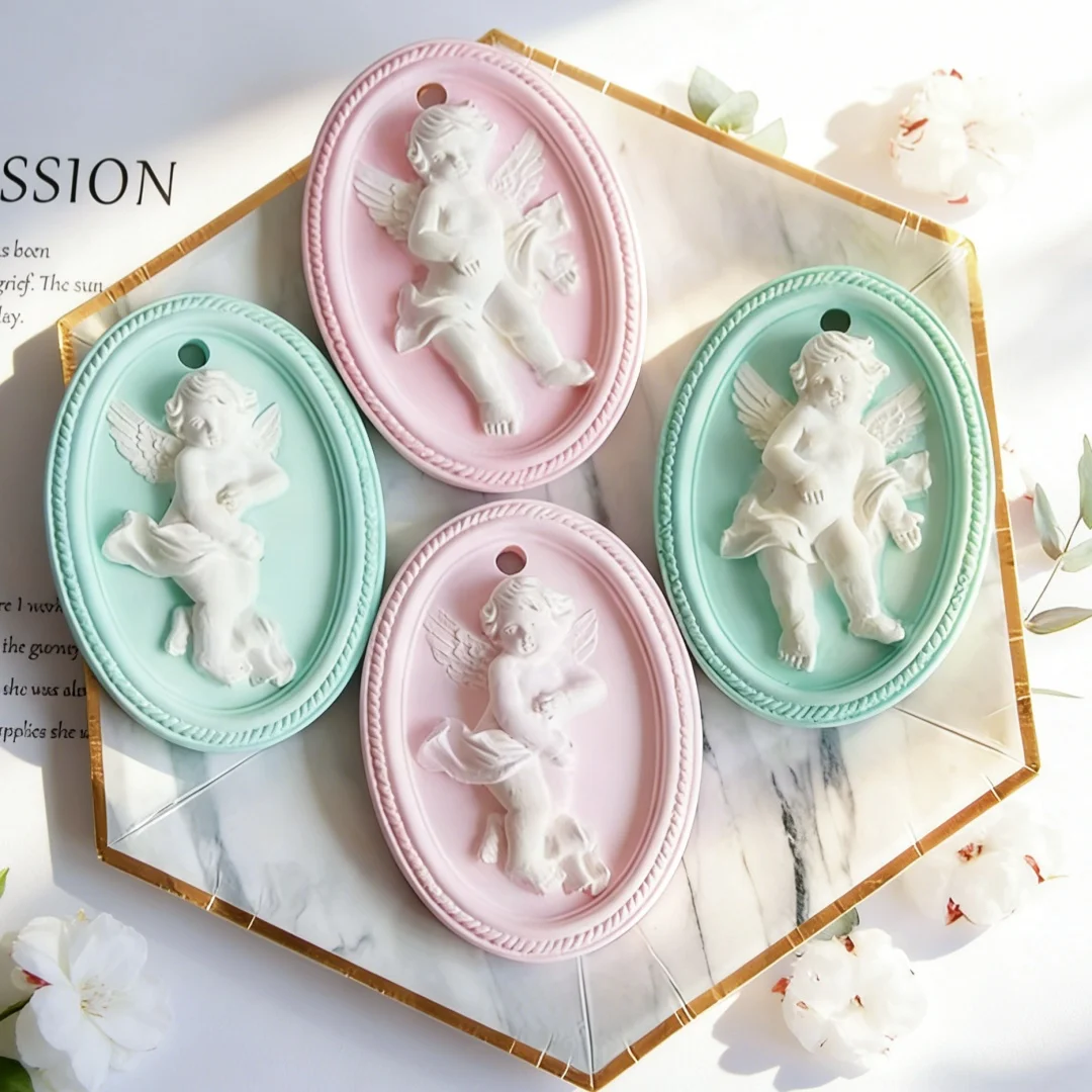 3D Angel Relief Oval Gypsum Sheet Silicone Mold With Hanging Hole Easy Demold For DIY Aromatherapy Wax Melt Home Decoration