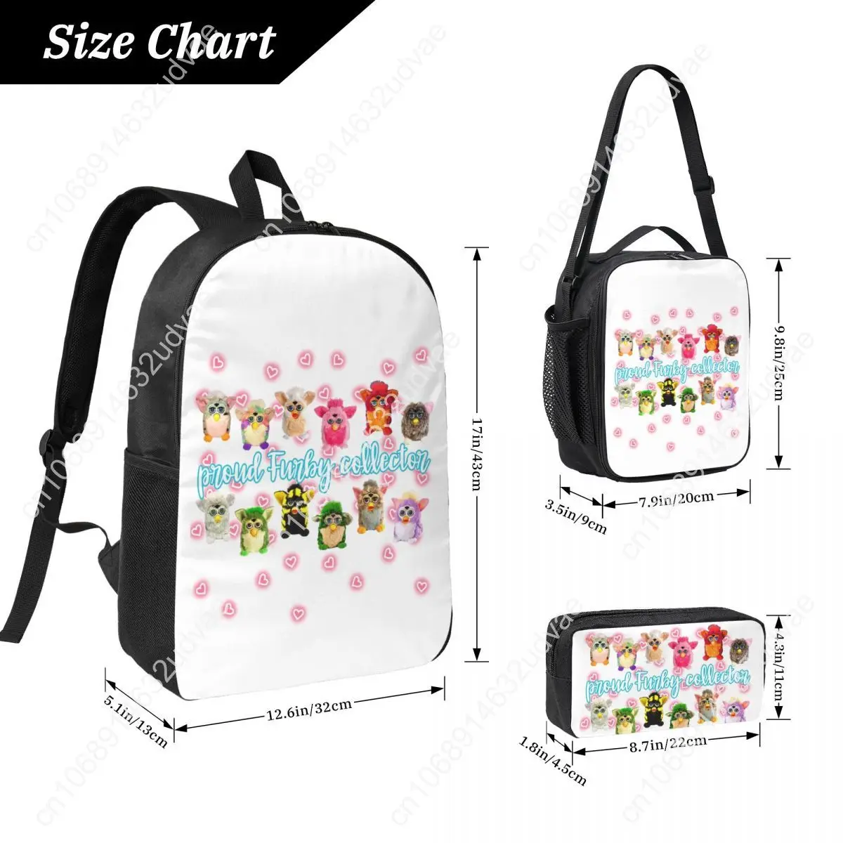 Proud Furby Collector Backpack Student Boys Girls BookBag School Bag Computer Shoulder Bags 3ps Insulated Lunch Bag Pencil Case