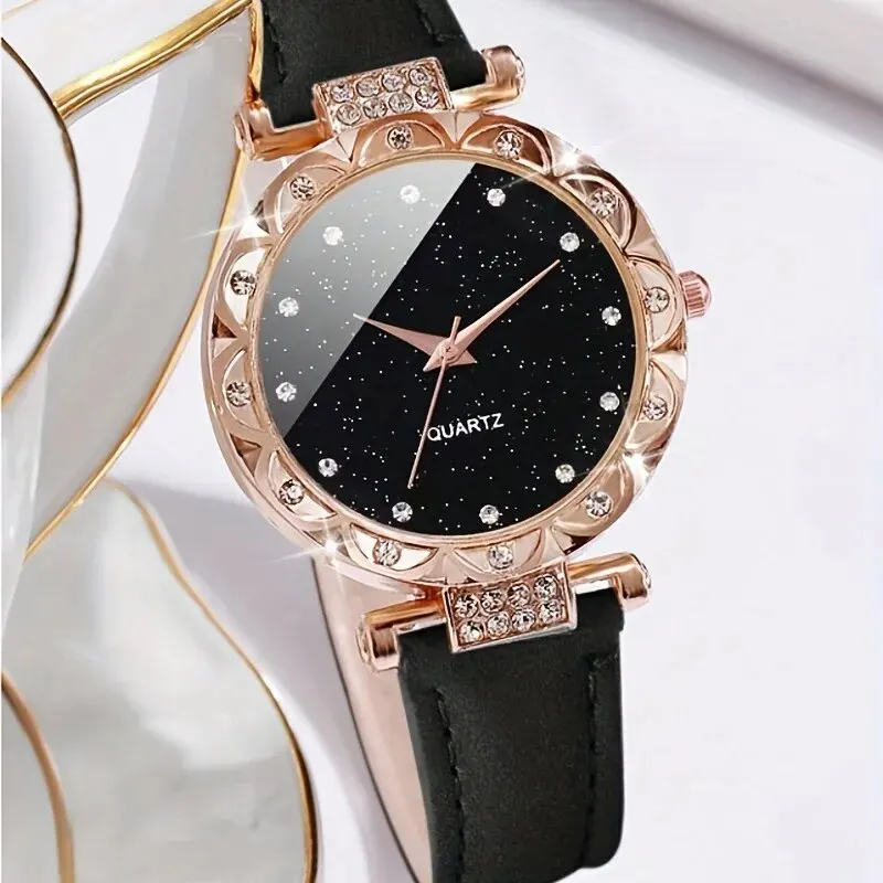 6pcs Ladies Fashion Casual Star Butterfly Digital Rhinestone Belt Quartz Watch Feather Love Crystal Bracelet Gift Set