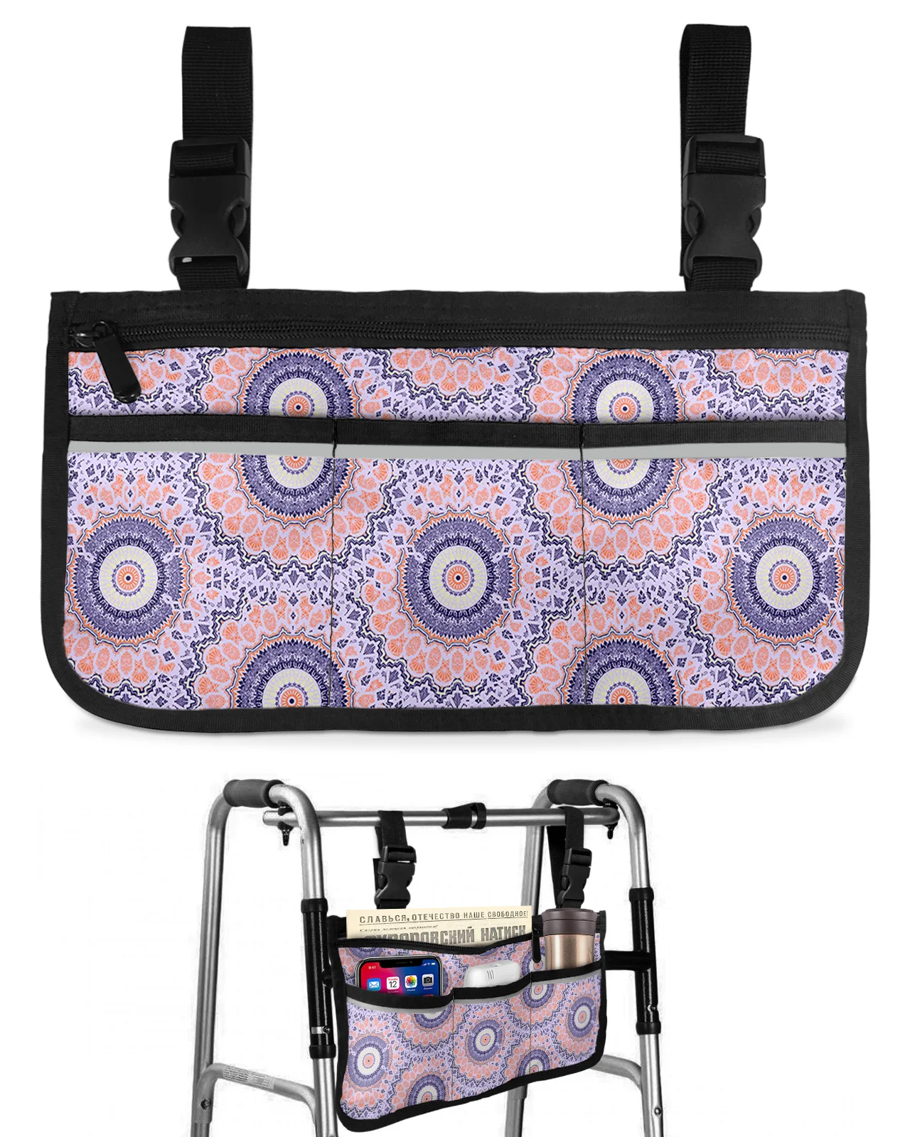 Indian Abstraction Line Wheelchair Bag With Pockets Armrest Side Bags Electric Scooter Walking Frame Storage Pouch