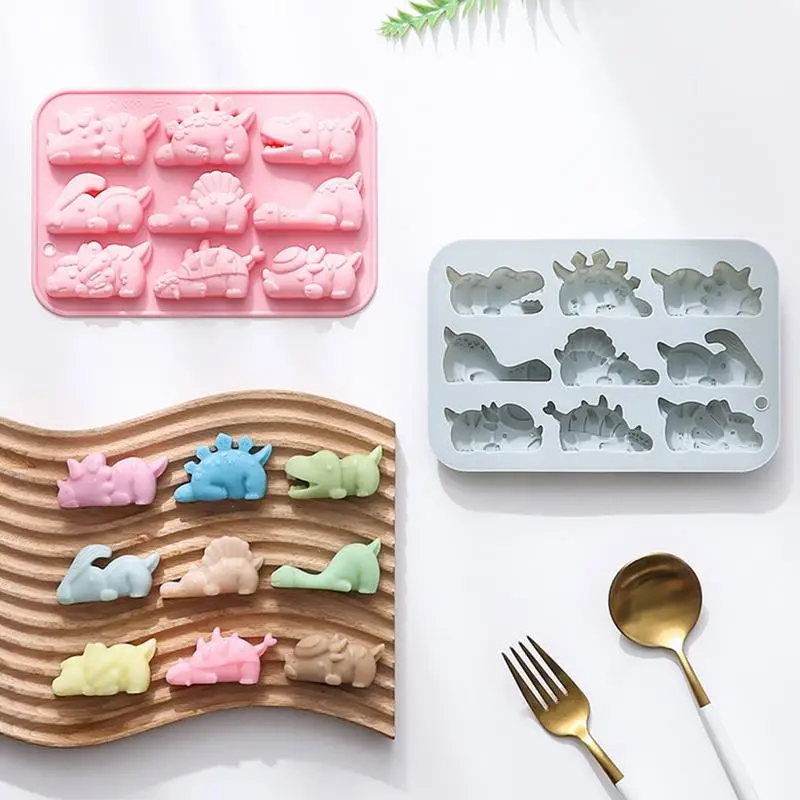 Molde de gelatina de dinosaurio, 9 cavidades, moldes de dinosaurios de silicona bonitos DIY, moldes de gelatina de Chocolate, decoración de pastel de dinosaurio