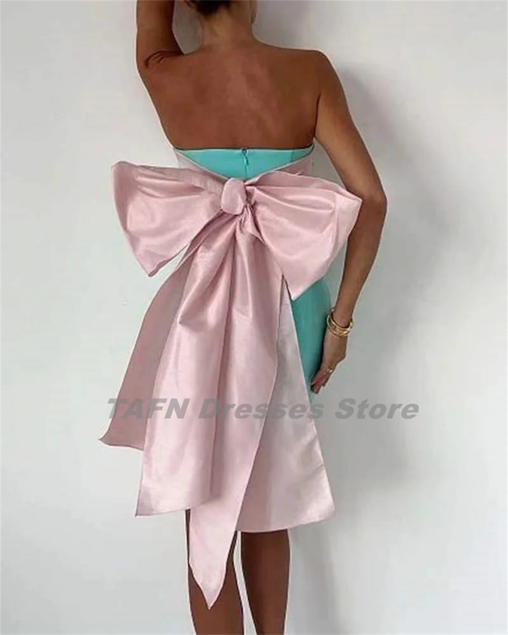 TAFN Contrast Color Prom Gown Strapless A-line Above Knee Big Bow Evening Party Dresses Backless Modern Simple robes de soirée