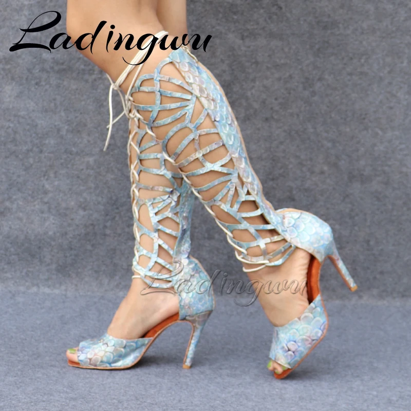 Ladingwu high-end material feito sob encomenda textura de escala de peixe sapatos de dança feminina sexy pólo botas de dança senhoras casamento