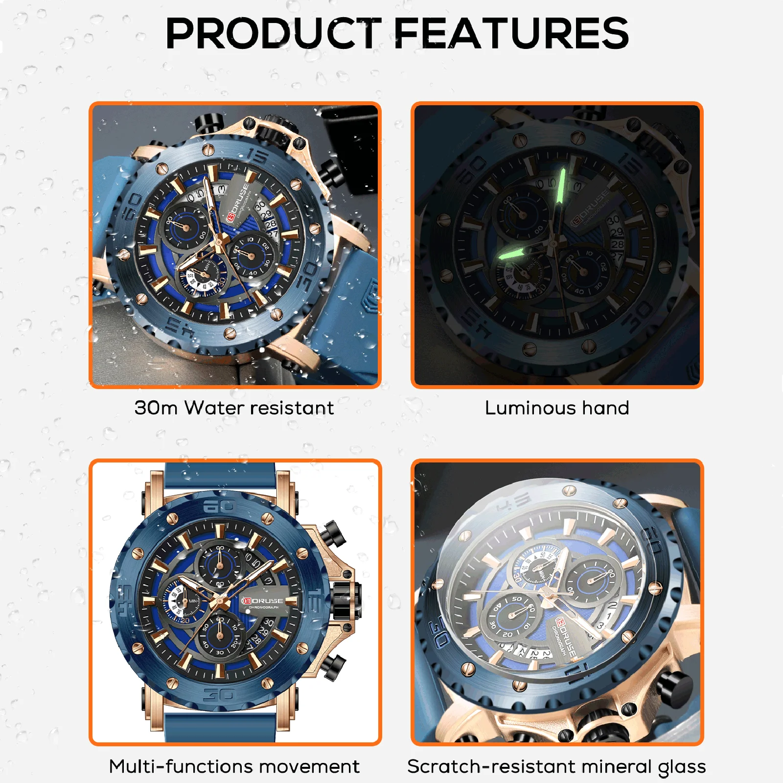 BORUSE Blue Business Watches for Men Chronograph Silicone Quartz Wristwatch Man Wrist Watches Male Sports Waterproof Watch