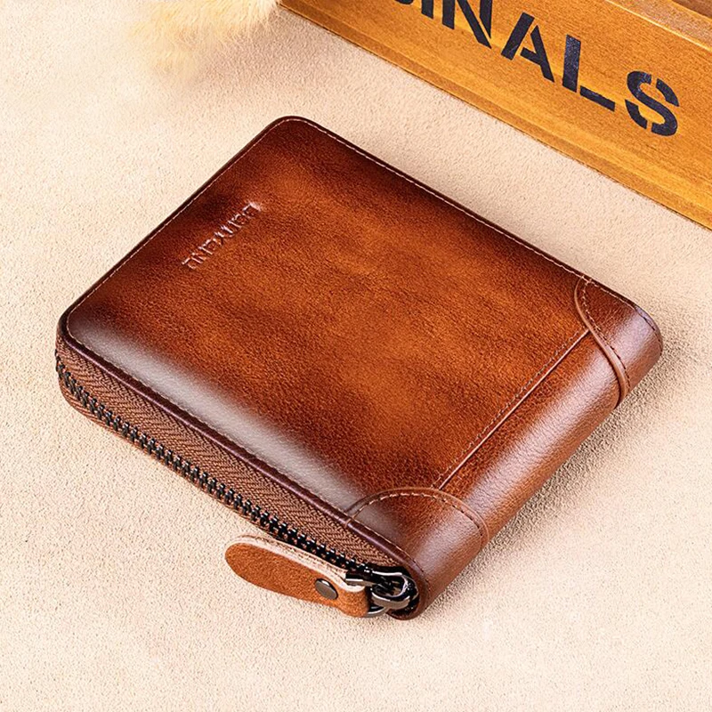 Man Functional Small Zipper Purse Anti RFID Real Cow Leather Card Coin Wallet for Men Travel Business