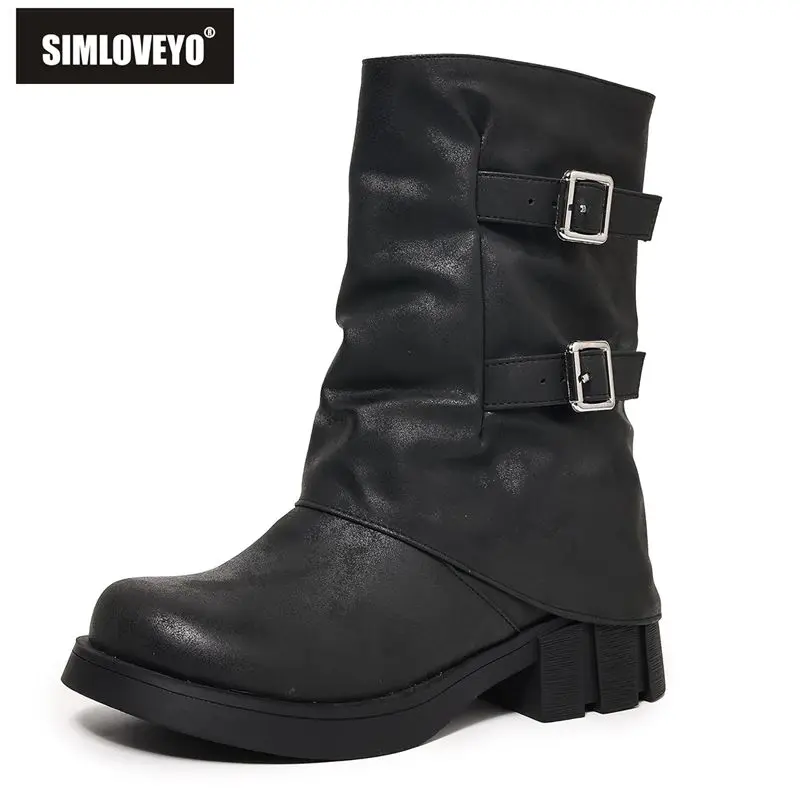 

SIMLOVEYO New Cowgirl Western Boots Round Toe 4.5cm Thick Bottom Slip On Belt Buckles Plus Size 41 42 43 Leisure Mid Calf Fall