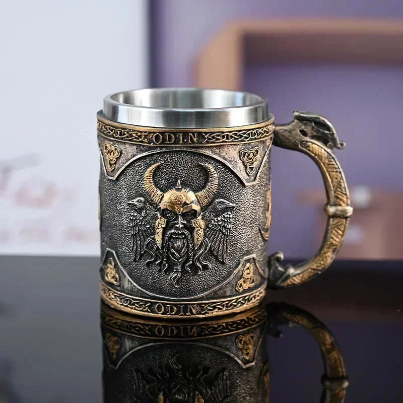 Popular Medieval Retro Viking Mythical Hero Symbol  Mug Creative 3d Style Home Bar Stainless Steel Beer Mug Unique Souvenir