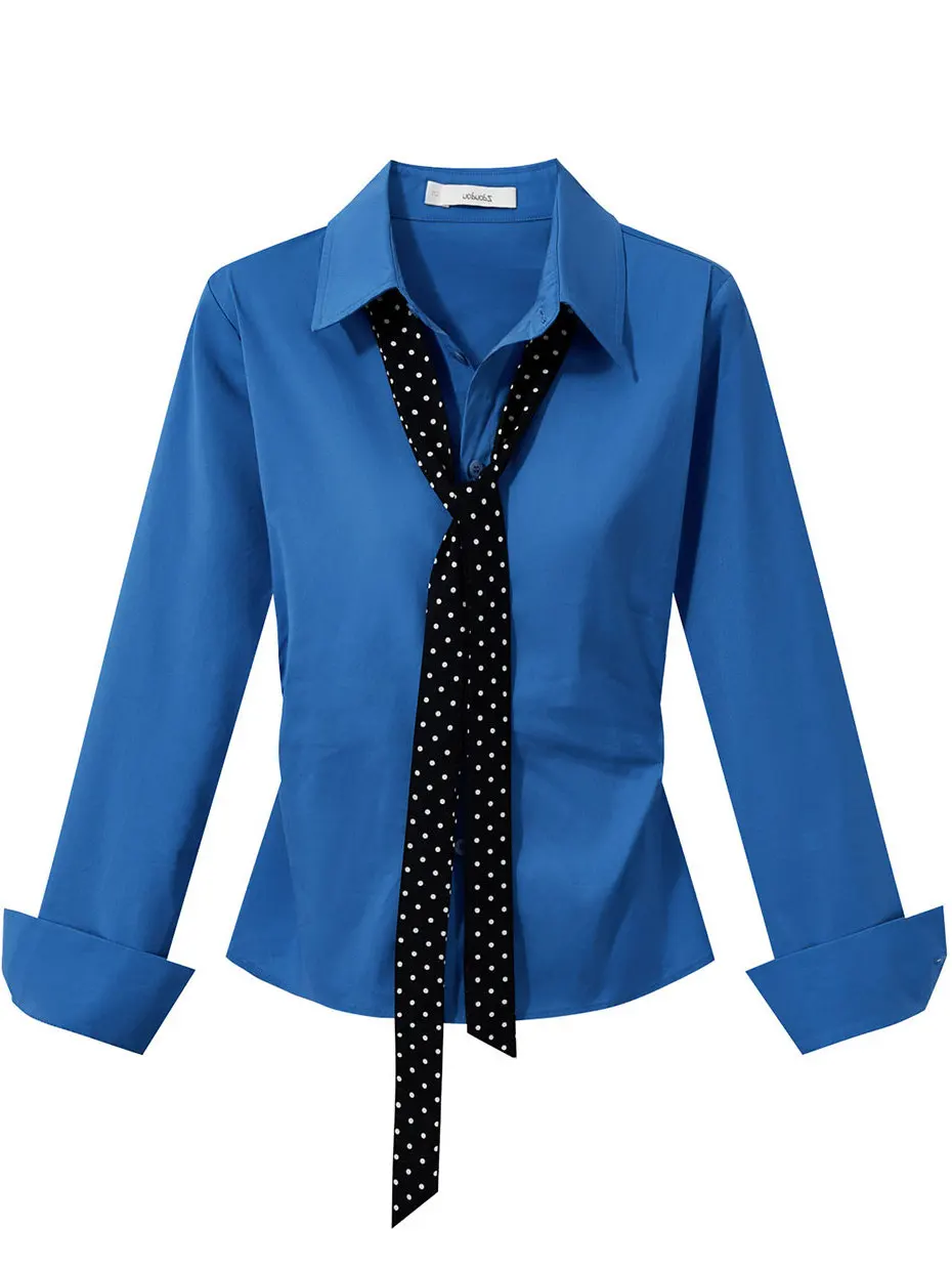 

Женская рубашка цвета Кляйн синий, весенняя, с оригинальным дизайном, приталенная, с драпировкой на талии, в корейском стиле, с длинным рукавом, из полиэстера