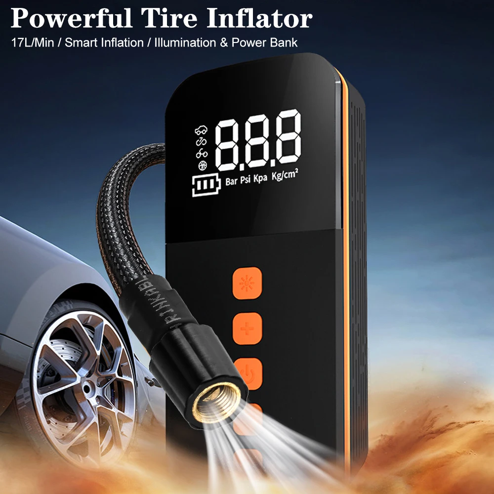 Digital Portable Tire Pressure Gauge Air Compressor With LED Light 17L/min Wireless Portable Inflator Tire Air Pump LCD Display