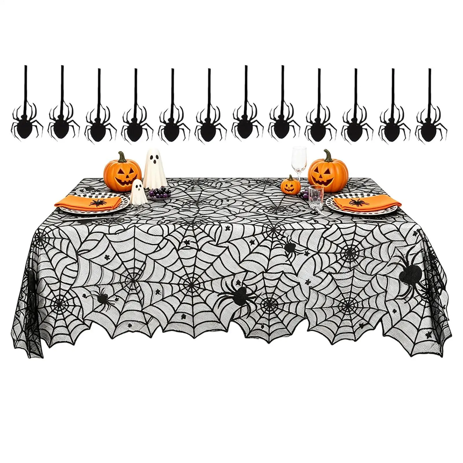 Black Table Runner Gothic Seasonal Tablecloth with Spiders Halloween Decor Dinner Table Runner for Movie Night Masquerade Escape